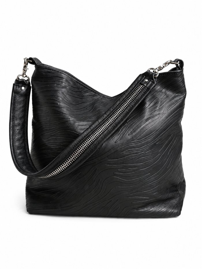 Black Leather and Silver Zipper Shoulder Strap