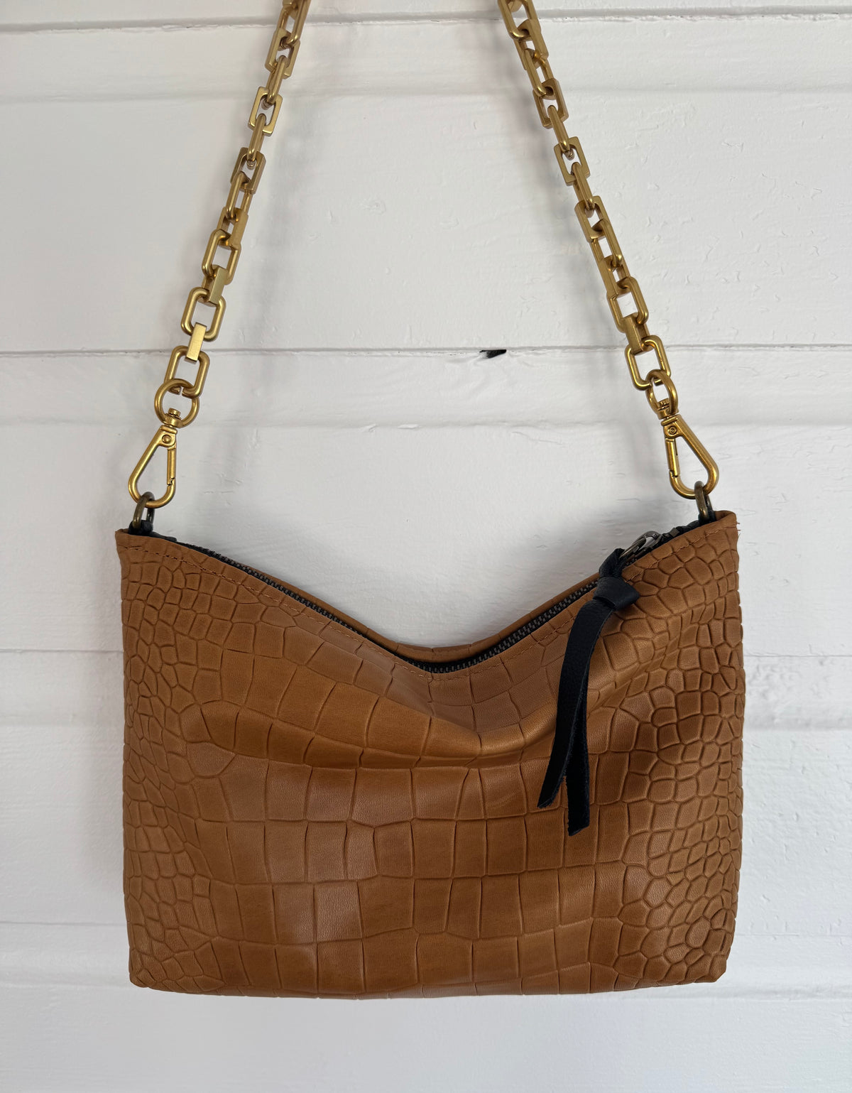 Medium Caramel Croc Leather Pouch