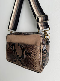 Taupe Suede and Snake Print Leather Camera bag