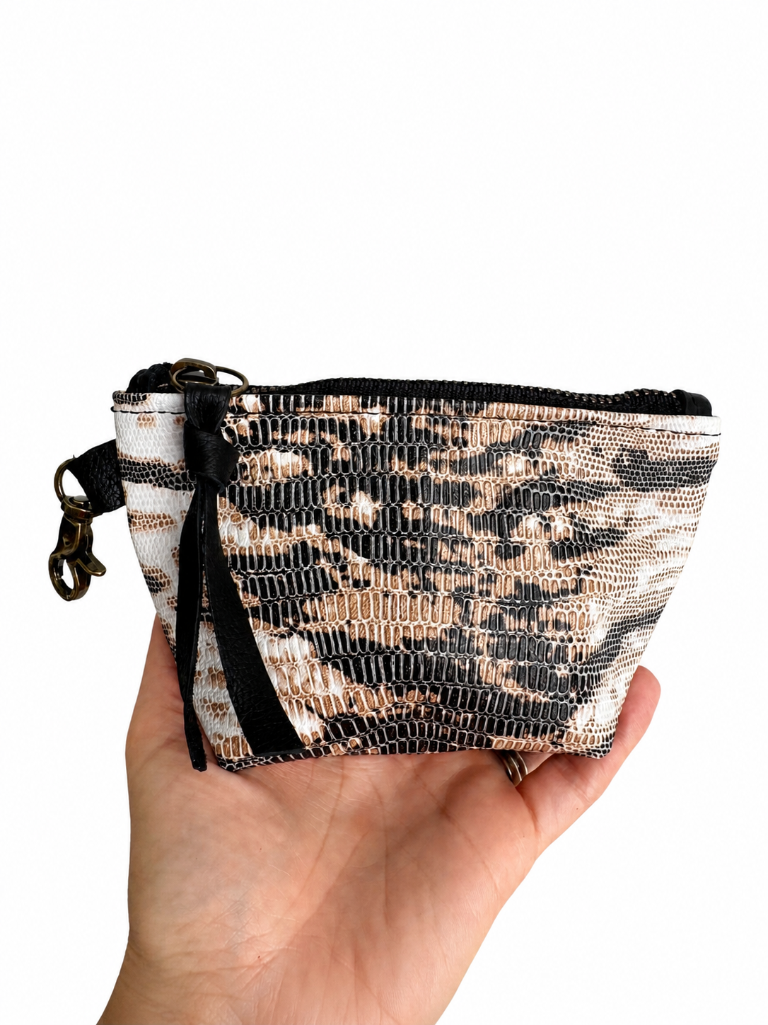 Mini Beige and White Lizard Print Leather Pouch