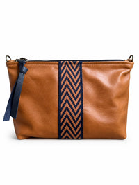 Medium Caramel Leather Pouch with Navy Chevron Stripe