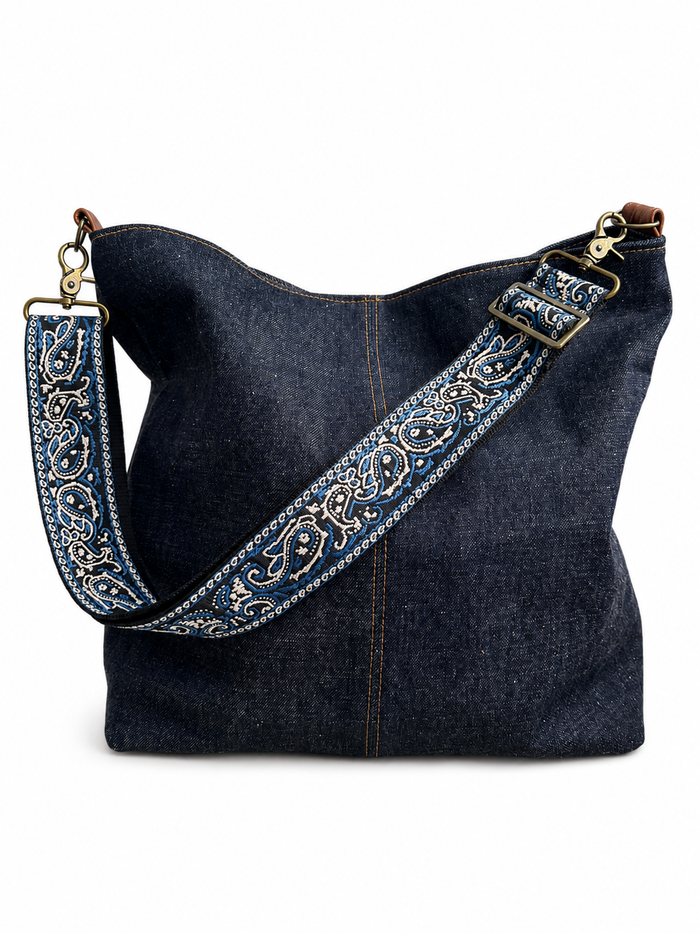 2" Blue and Black Paisley Embroidered Crossbody Strap