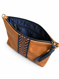 Medium Caramel Leather Pouch with Navy Chevron Stripe