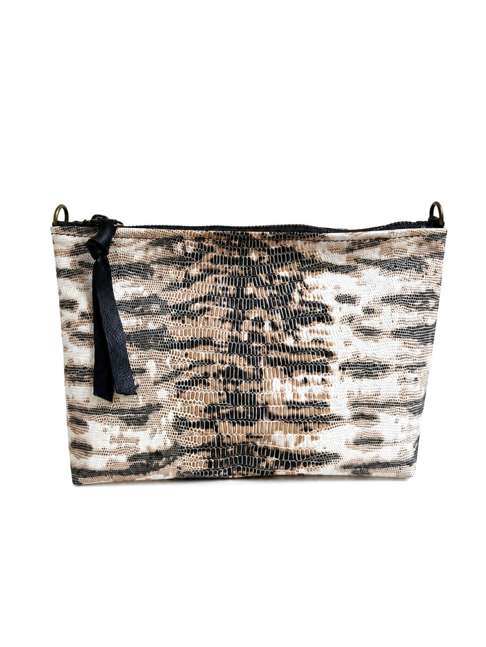 Medium Beige and White Lizard Print Leather Pouch