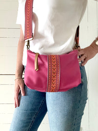 Medium Pink Leather Pouch with Multicolour Woven Centre Stripe