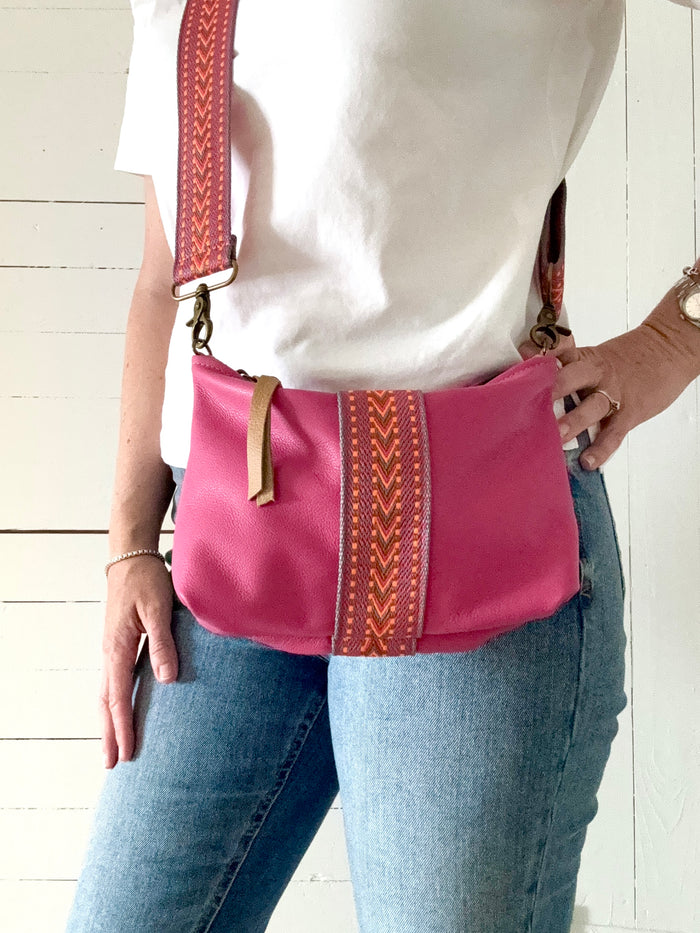 Medium Pink Leather Pouch with Multicolour Woven Centre Stripe