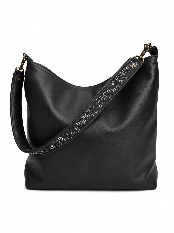 Black Paisley/Cognac Leather Shoulder Strap