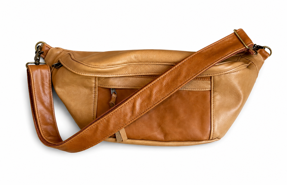 1.5" Tan Leather and Canvas Crossbody Strap