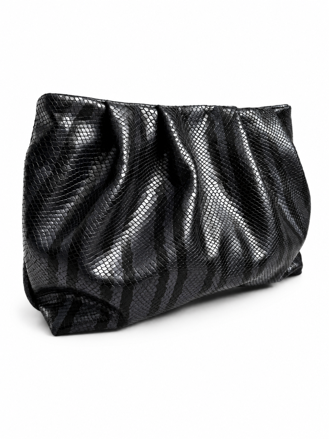 Black and Grey Stripes Snake Print Gathered Leather Clutch