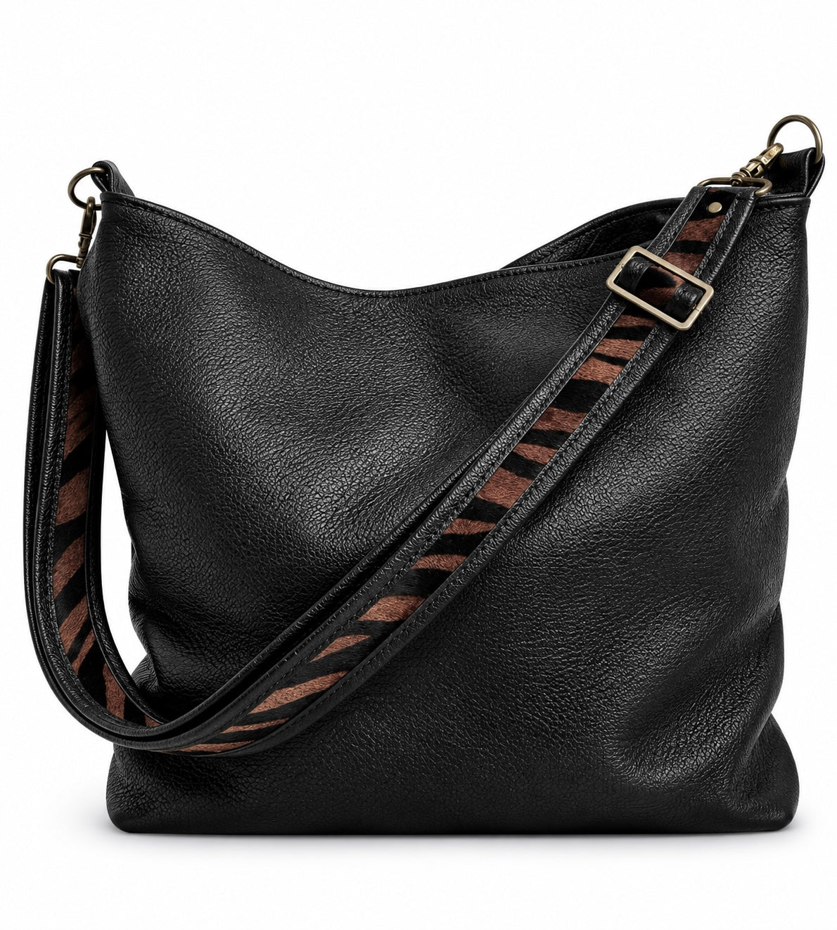 1.5" Black Leather and Brown Zebra Hair Crossbody Strap