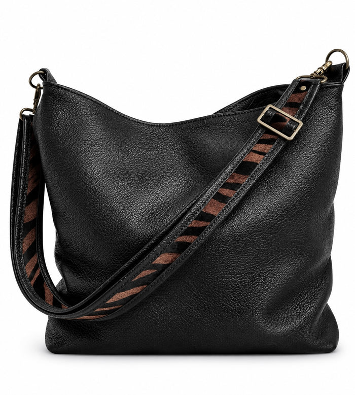 1.5" Black Leather and Brown Zebra Hair Crossbody Strap