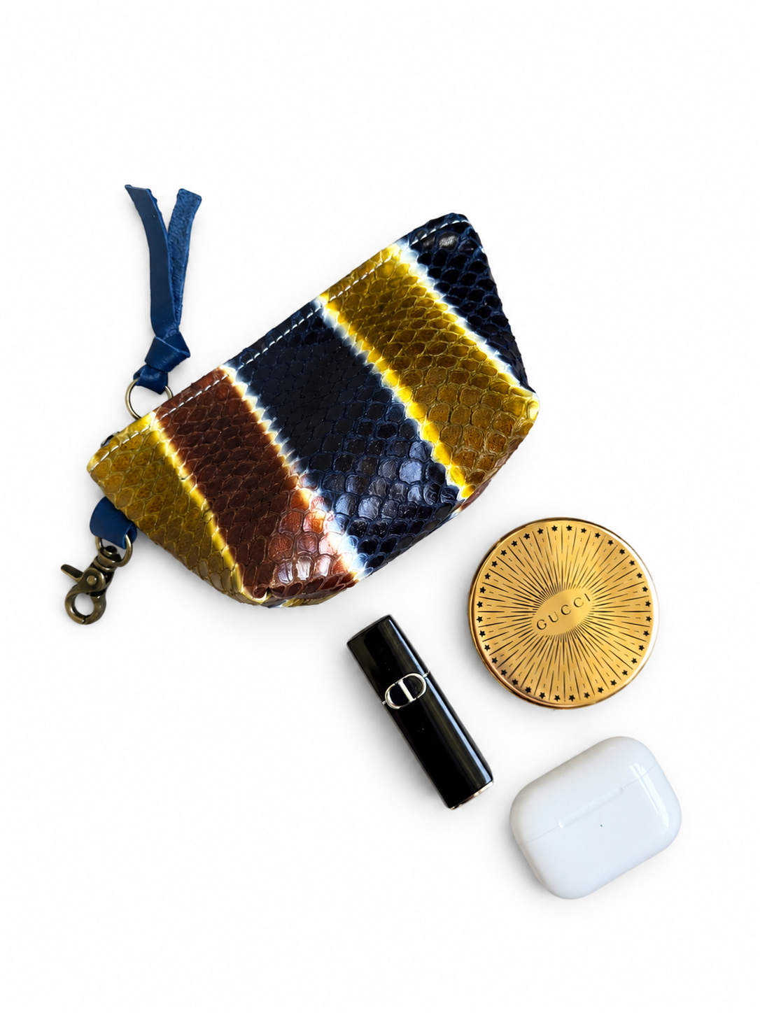 Leather Striped Mini Pouch (Cognac, Navy, Mustard)