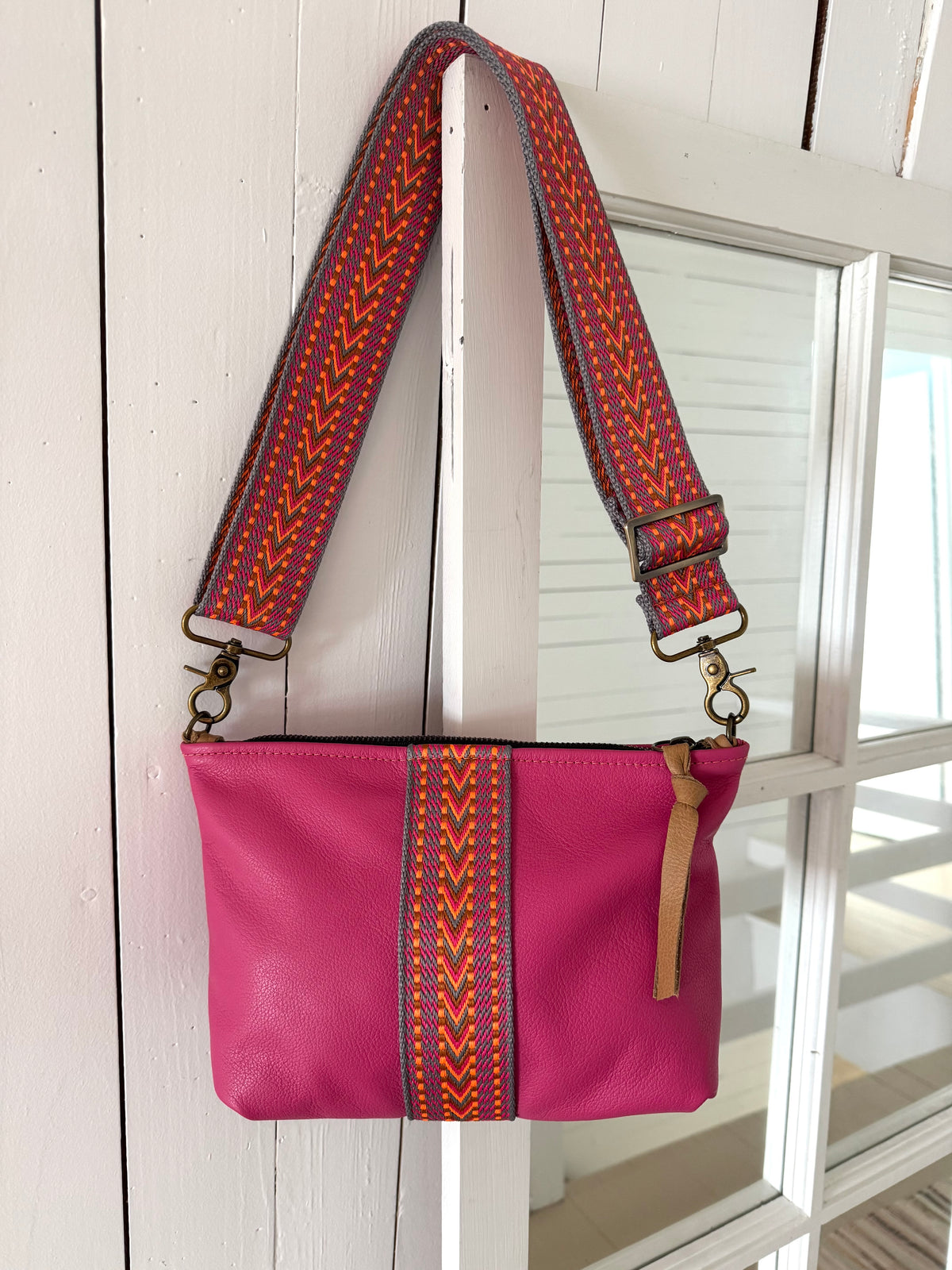 Medium Pink Leather Pouch with Multicolour Woven Centre Stripe