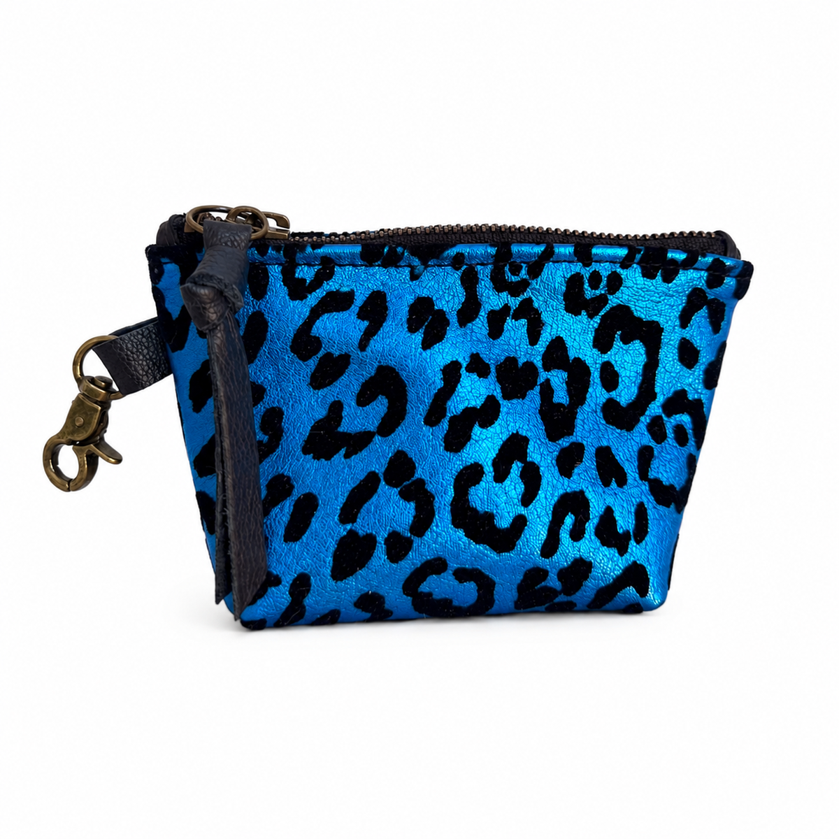 Electric Blue Metallic Leopard Print Leather Mini Pouch