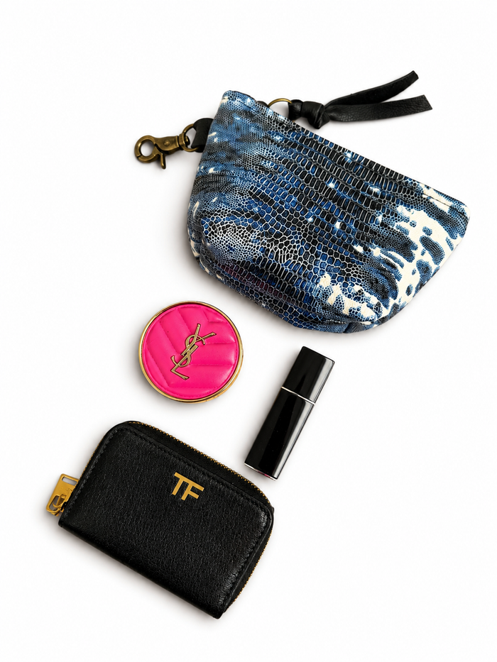 Mini Blue and White Lizard Print Leather Pouch
