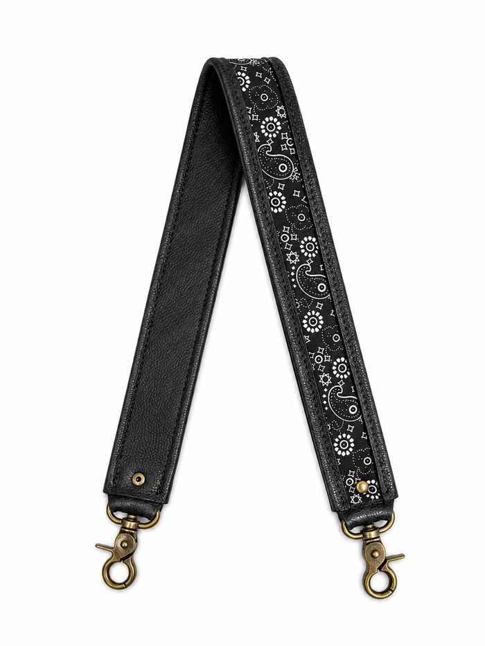 Black Paisley/Cognac Leather Shoulder Strap