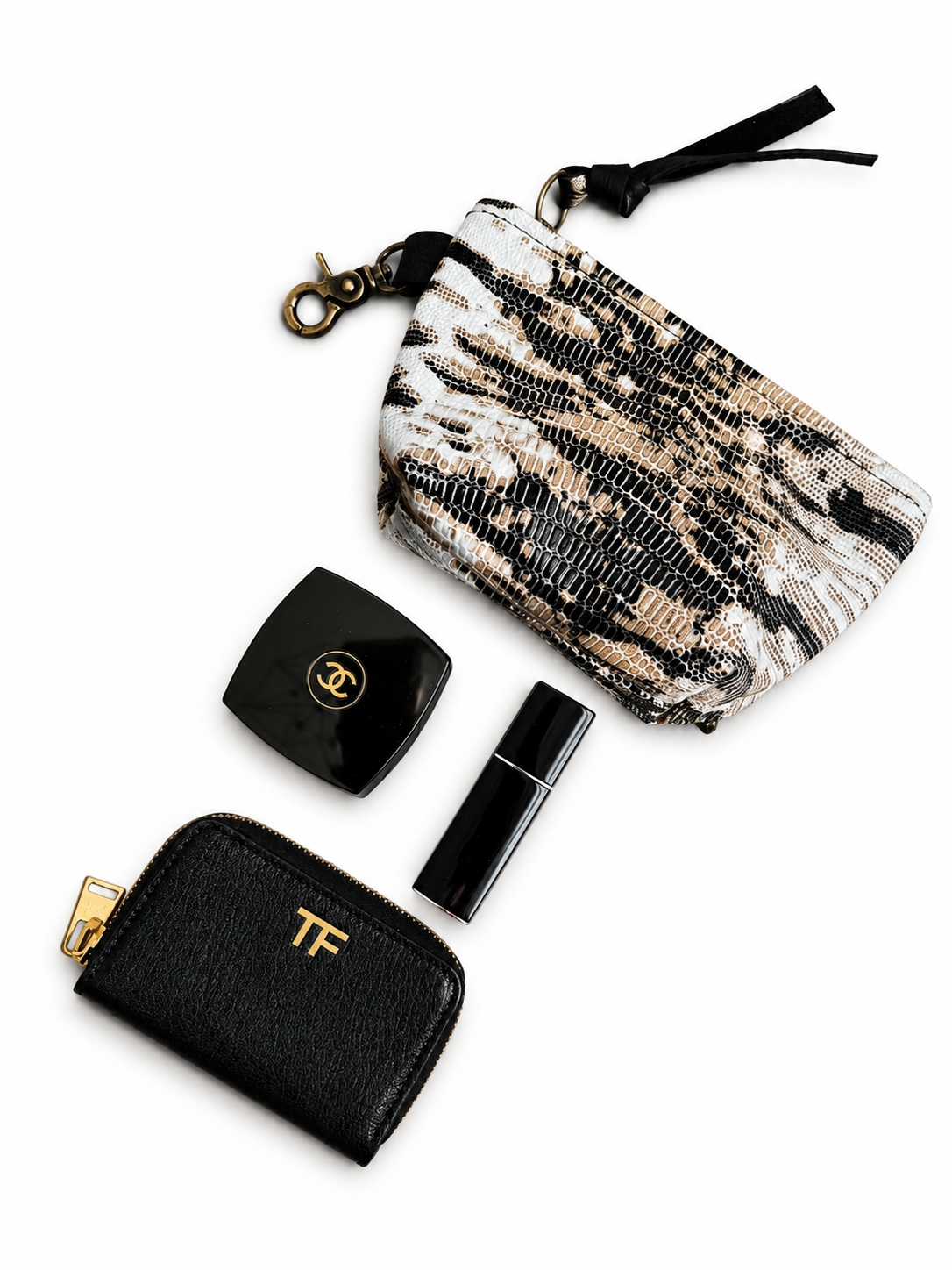 Mini Beige and White Lizard Print Leather Pouch
