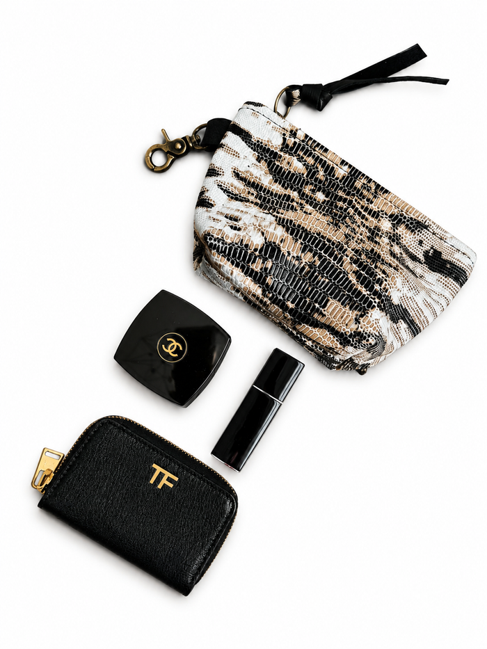 Mini Beige and White Lizard Print Leather Pouch
