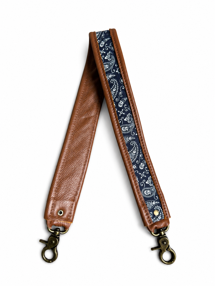 Navy Paisley/Cognac Leather Shoulder Strap
