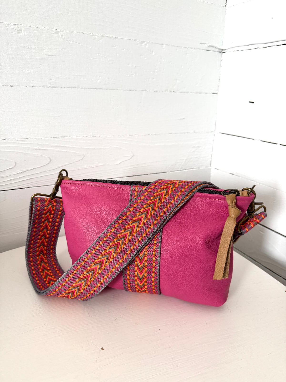 Medium Pink Leather Pouch with Multicolour Woven Centre Stripe