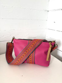 Medium Pink Leather Pouch with Multicolour Woven Centre Stripe