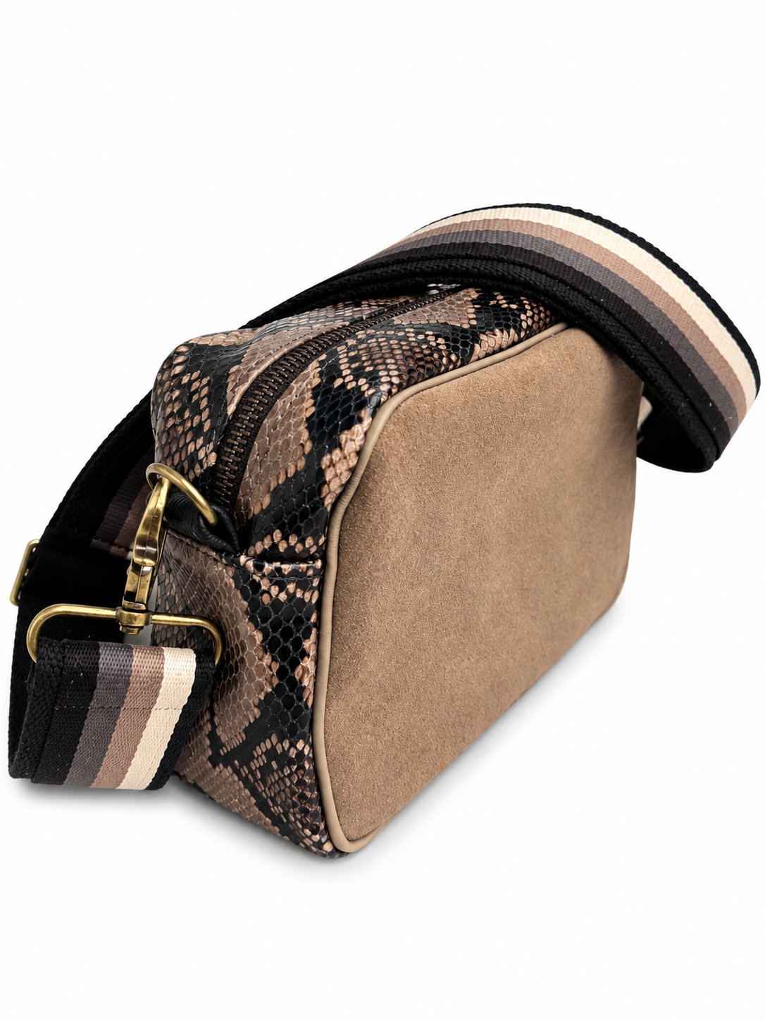 Taupe Suede and Snake Print Leather Camera bag