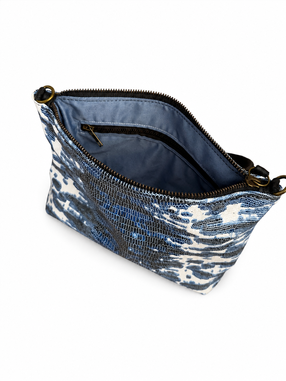 Medium Blue and White Lizard Print Leather Pouch