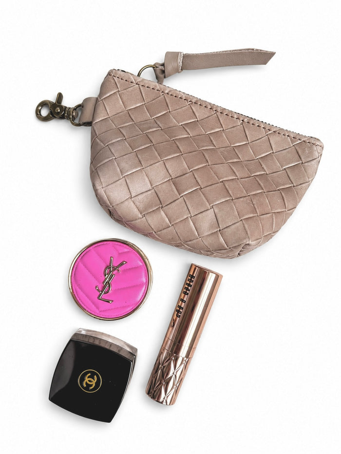 Mini Taupe Basketweave Leather Pouch