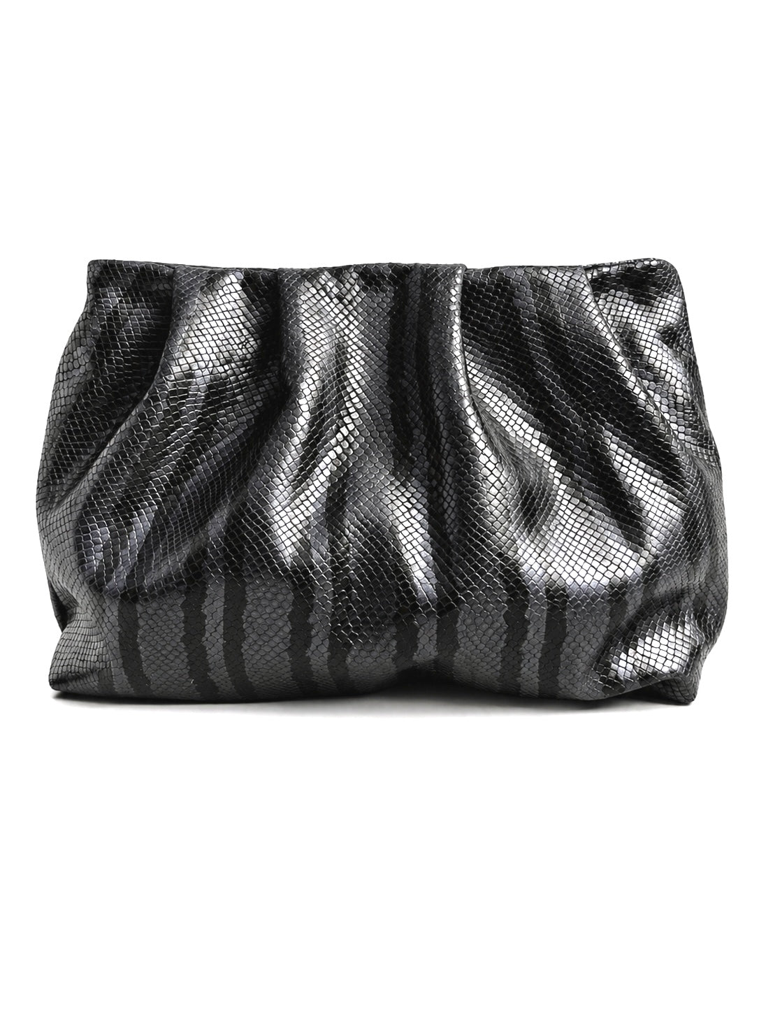 Black and Grey Stripes Snake Print Gathered Leather Clutch