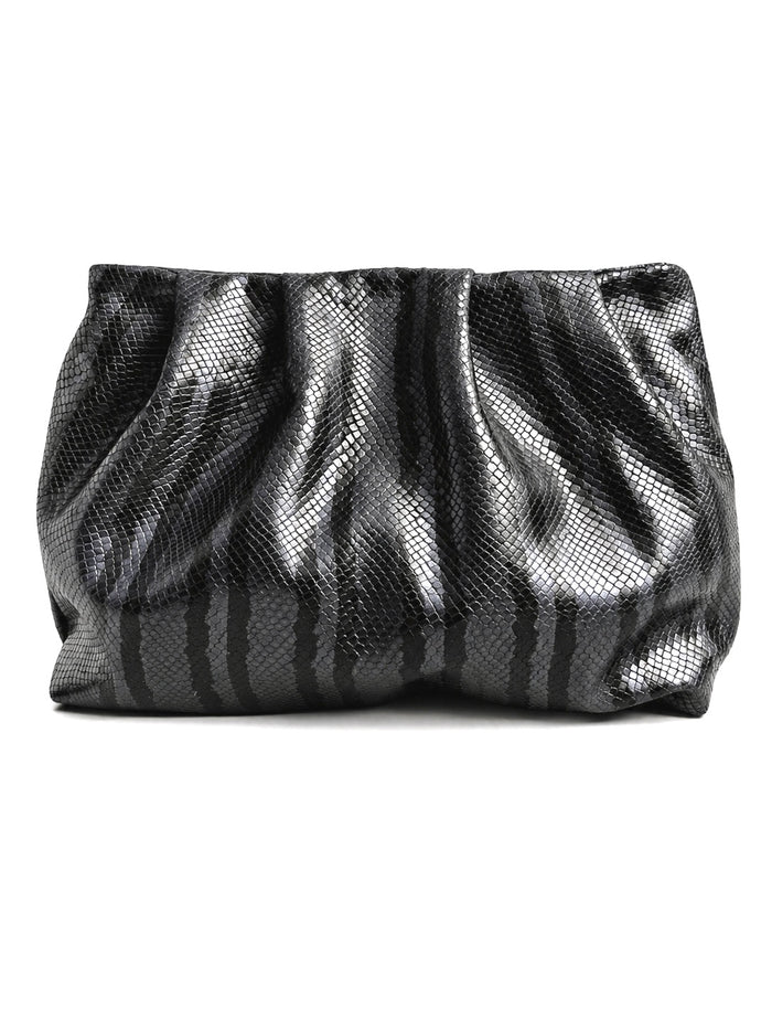 Black and Grey Stripes Snake Print Gathered Leather Clutch
