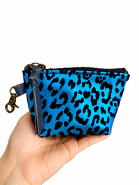 Electric Blue Metallic Leopard Print Leather Mini Pouch