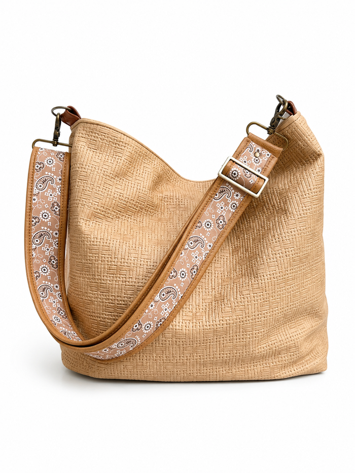 2" Tan Paisley Pattern Fabric and Tan Leather Crossbody Strap