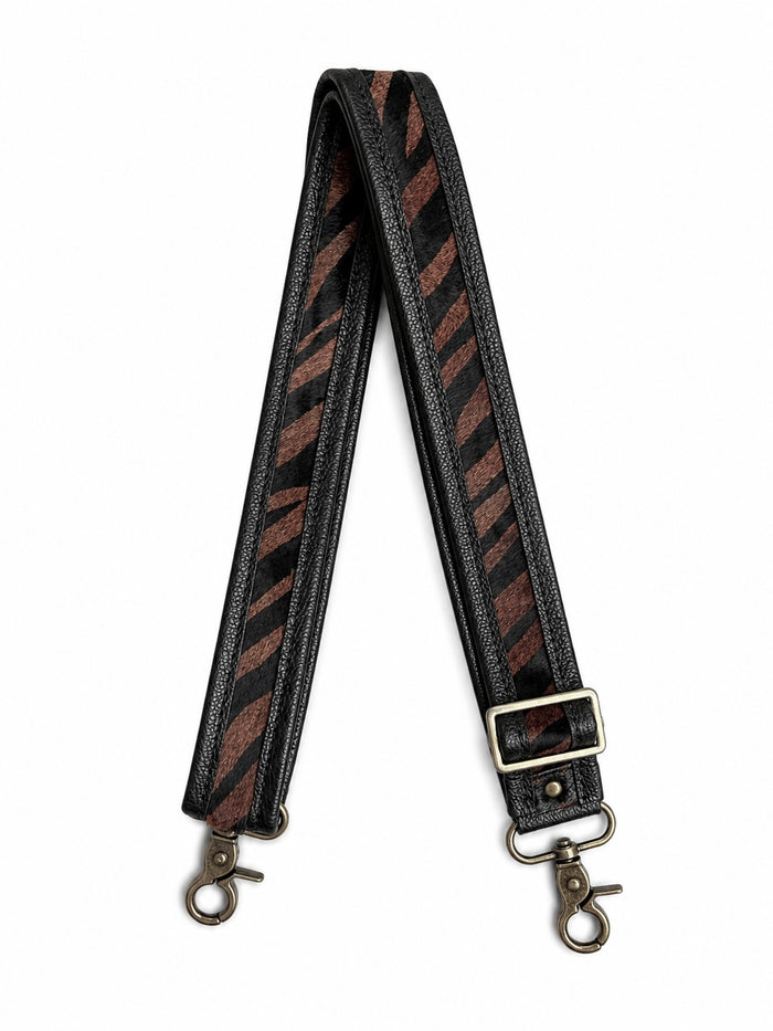 1.5" Black Leather and Brown Zebra Hair Crossbody Strap