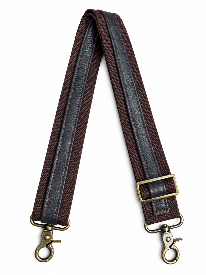 1.5" Dark Brown Canvas and Dark Brown Leather Stripe Crossbody Strap