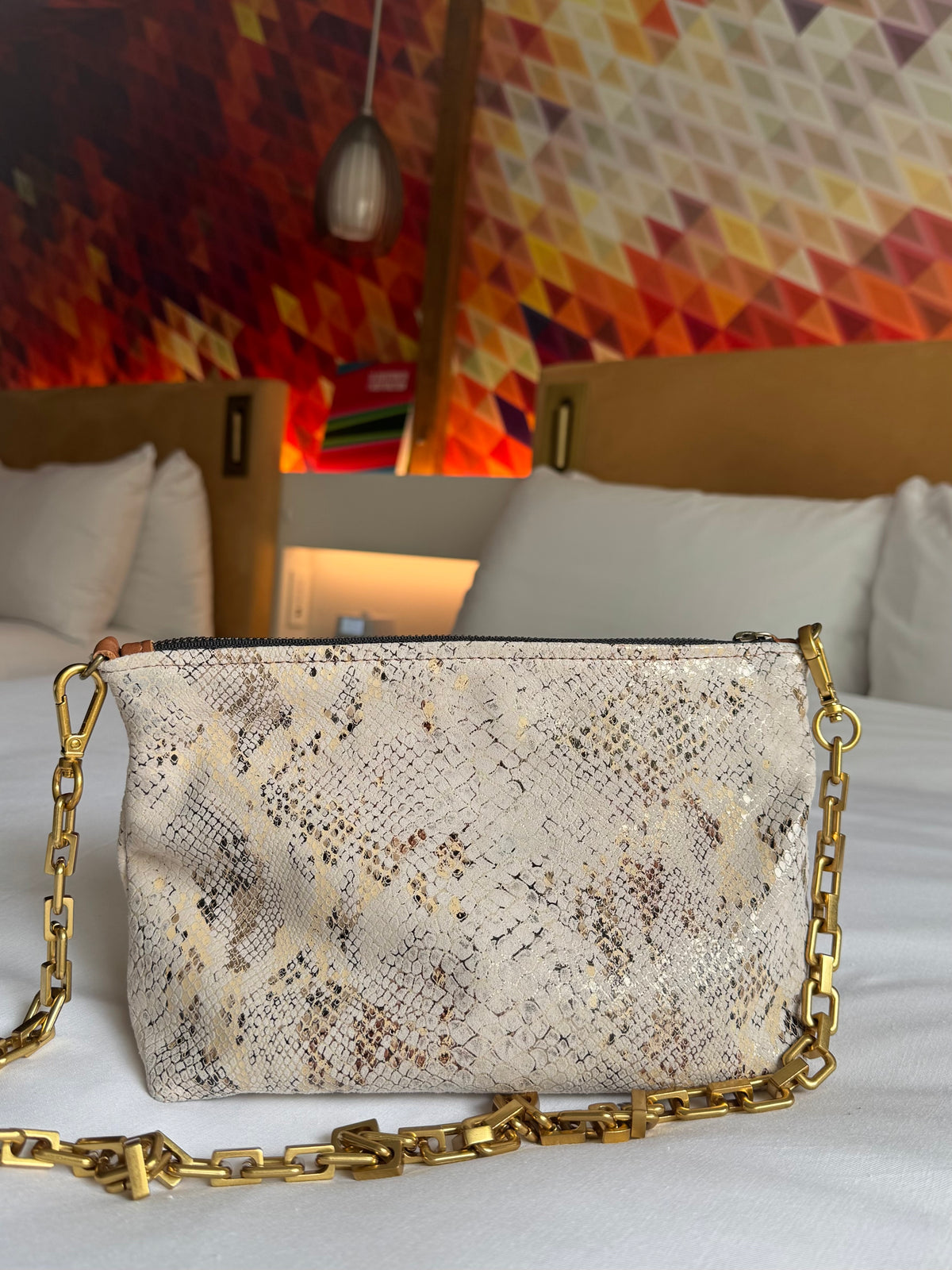 Beige Snake Skin Leather Pouch