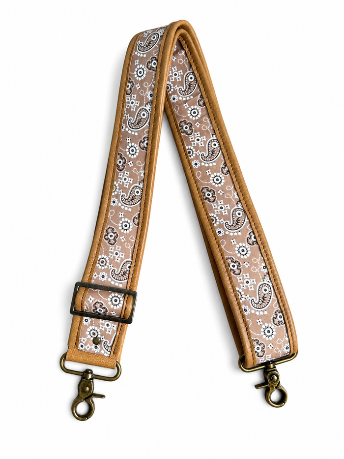 2" Tan Paisley Pattern Fabric and Tan Leather Crossbody Strap