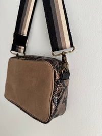 Taupe Suede and Snake Print Leather Camera bag