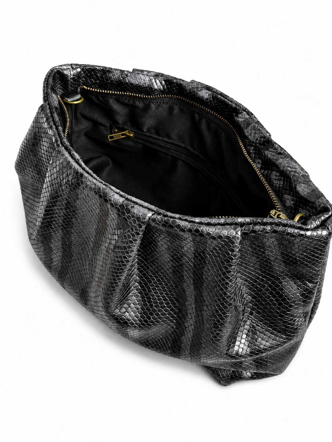 Black and Grey Stripes Snake Print Gathered Leather Clutch