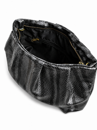 Black and Grey Stripes Snake Print Gathered Leather Clutch
