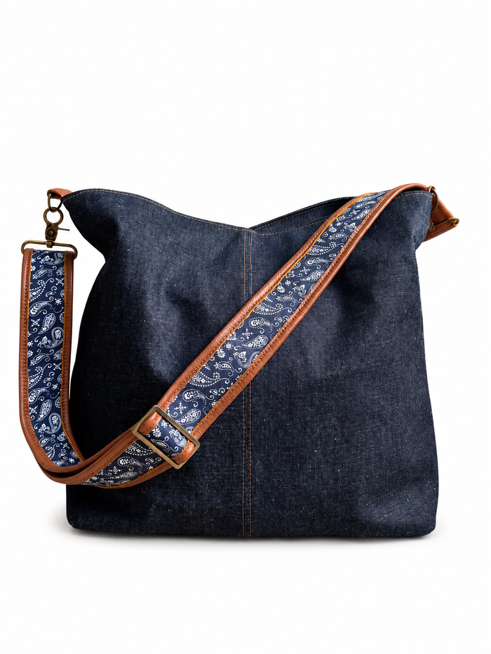 2" Navy Paisley Pattern Fabric and Cognac Leather Crossbody Strap