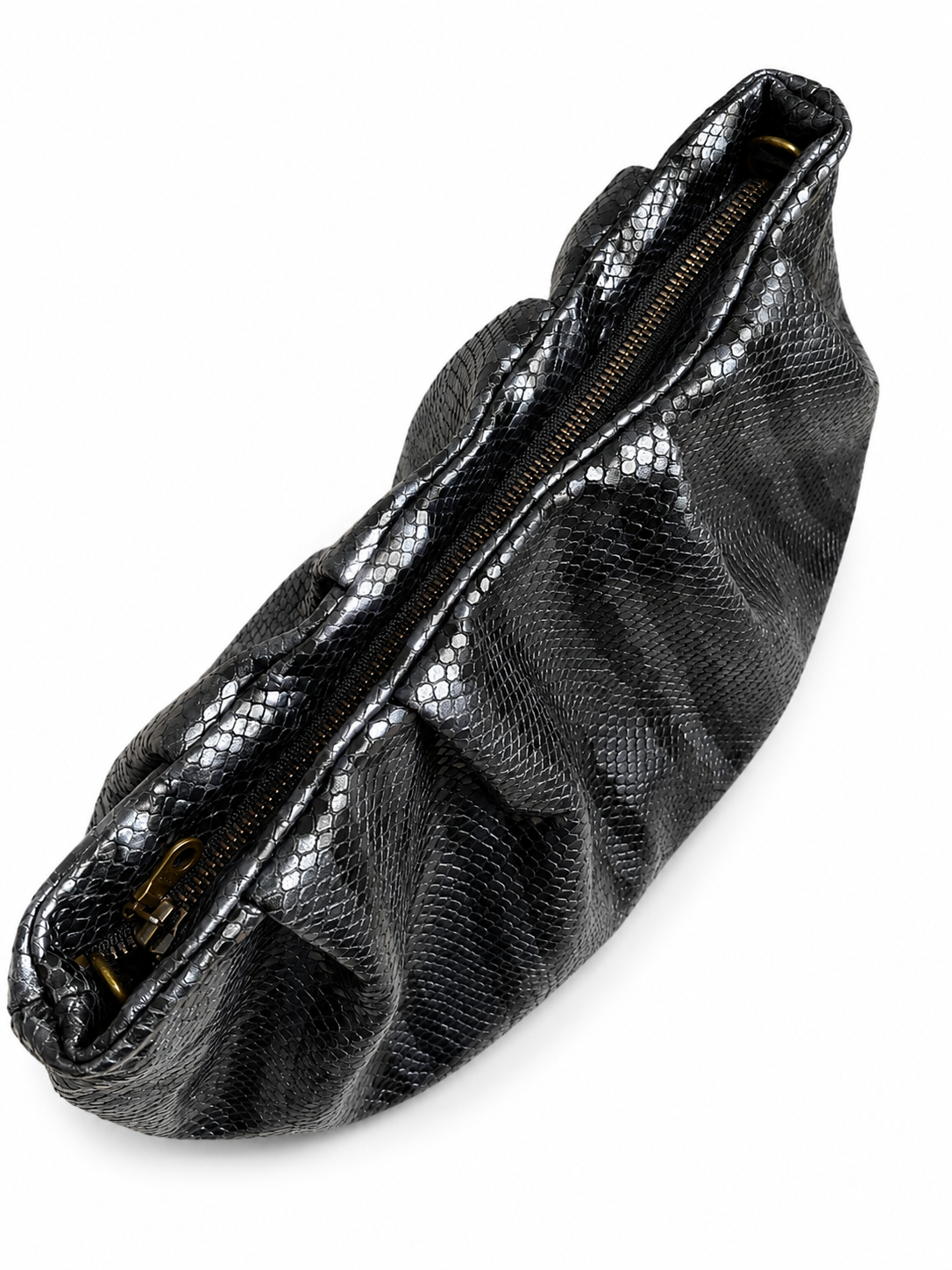 Black and Grey Stripes Snake Print Gathered Leather Clutch