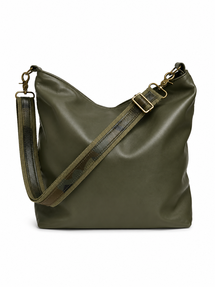 1.5" Army Green Canvas and Camouflage Leather Stripe Crossbody Strap