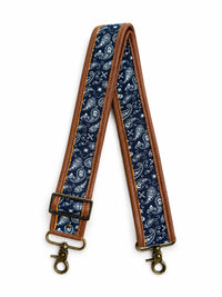2" Navy Paisley Pattern Fabric and Cognac Leather Crossbody Strap