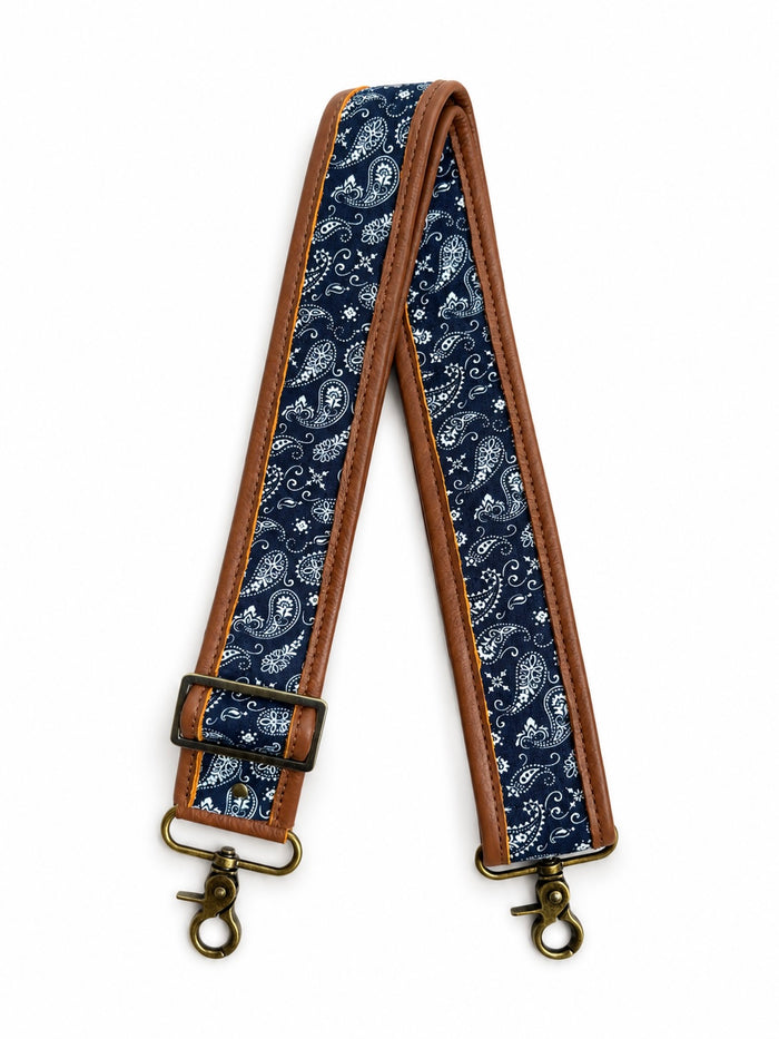 2" Navy Paisley Pattern Fabric and Cognac Leather Crossbody Strap