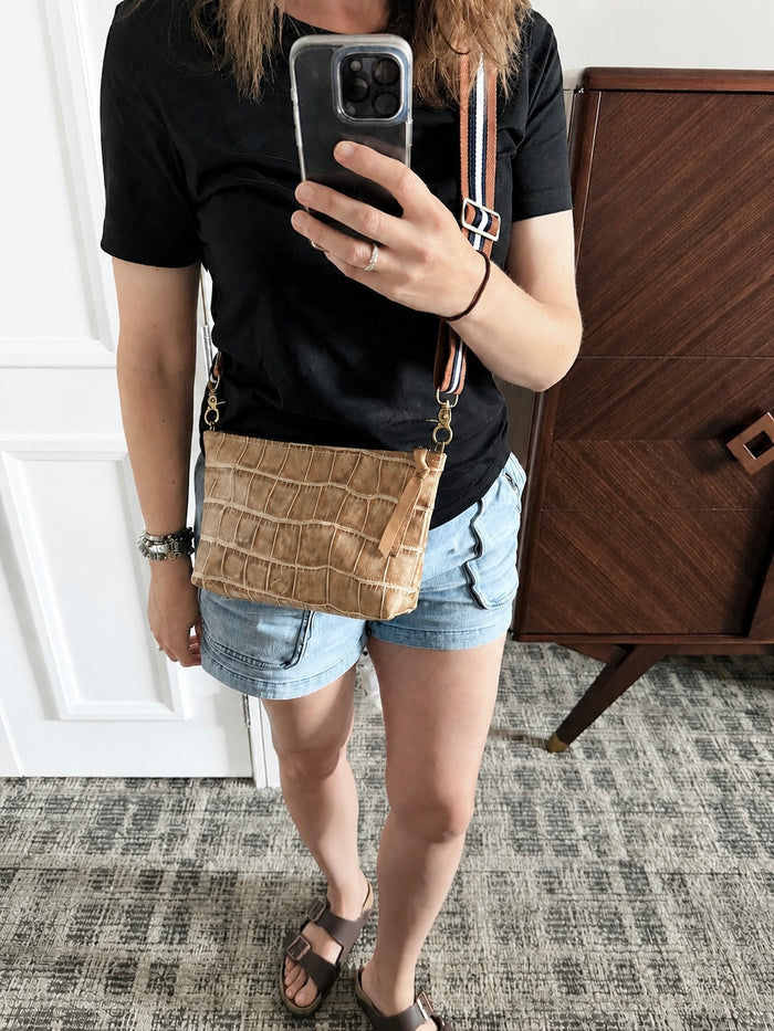 Medium Distressed Tan Croc Leather Pouch