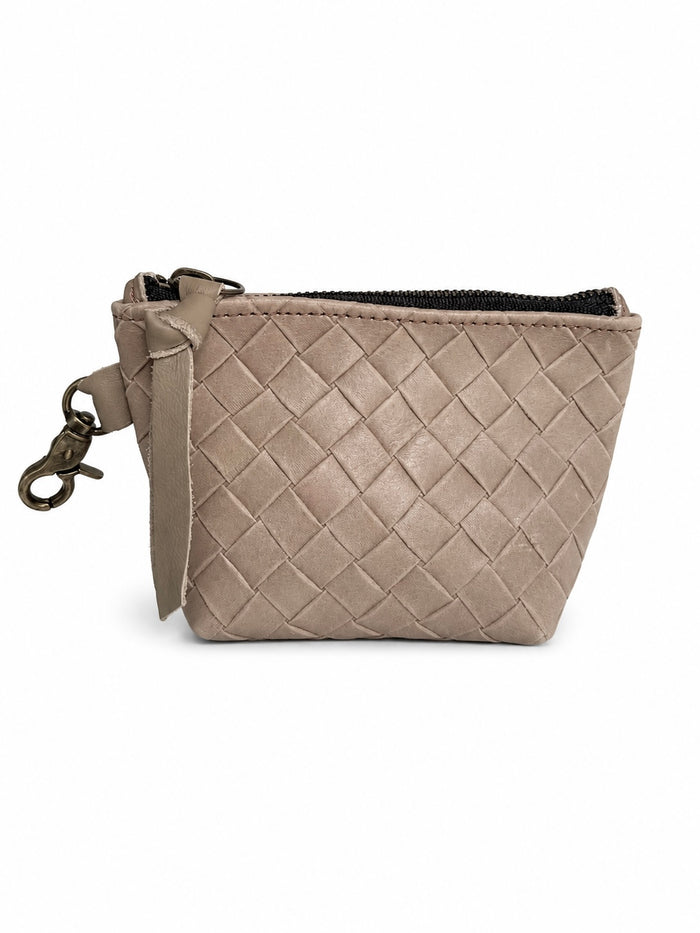 Mini Taupe Basketweave Leather Pouch
