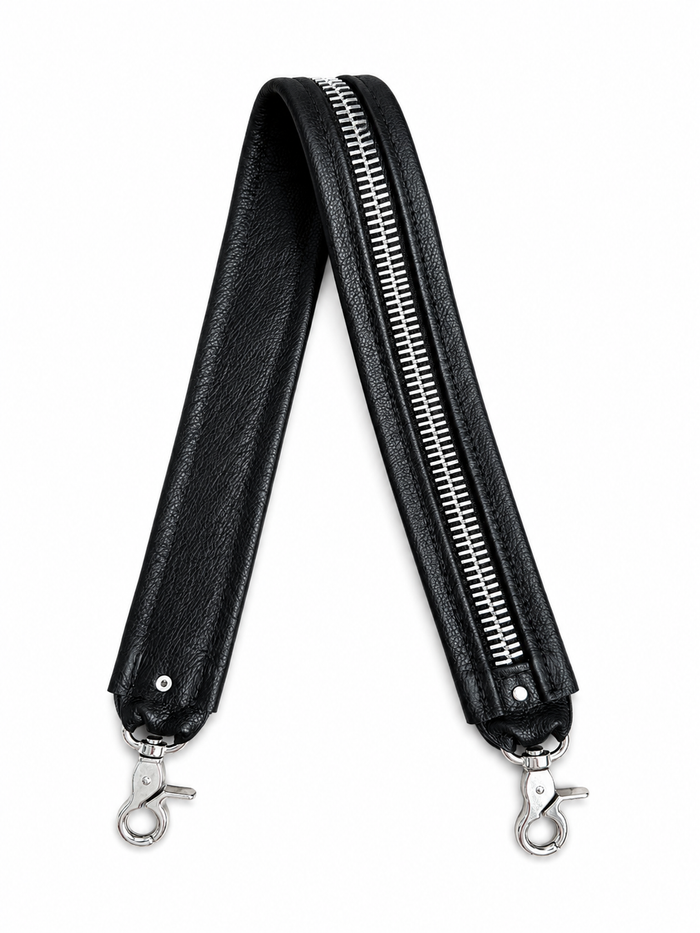 Black Leather and Silver Zipper Shoulder Strap