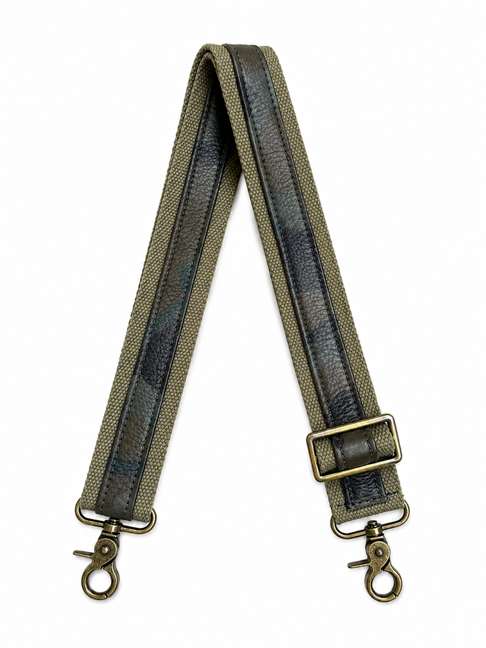 1.5" Army Green Canvas and Camouflage Leather Stripe Crossbody Strap