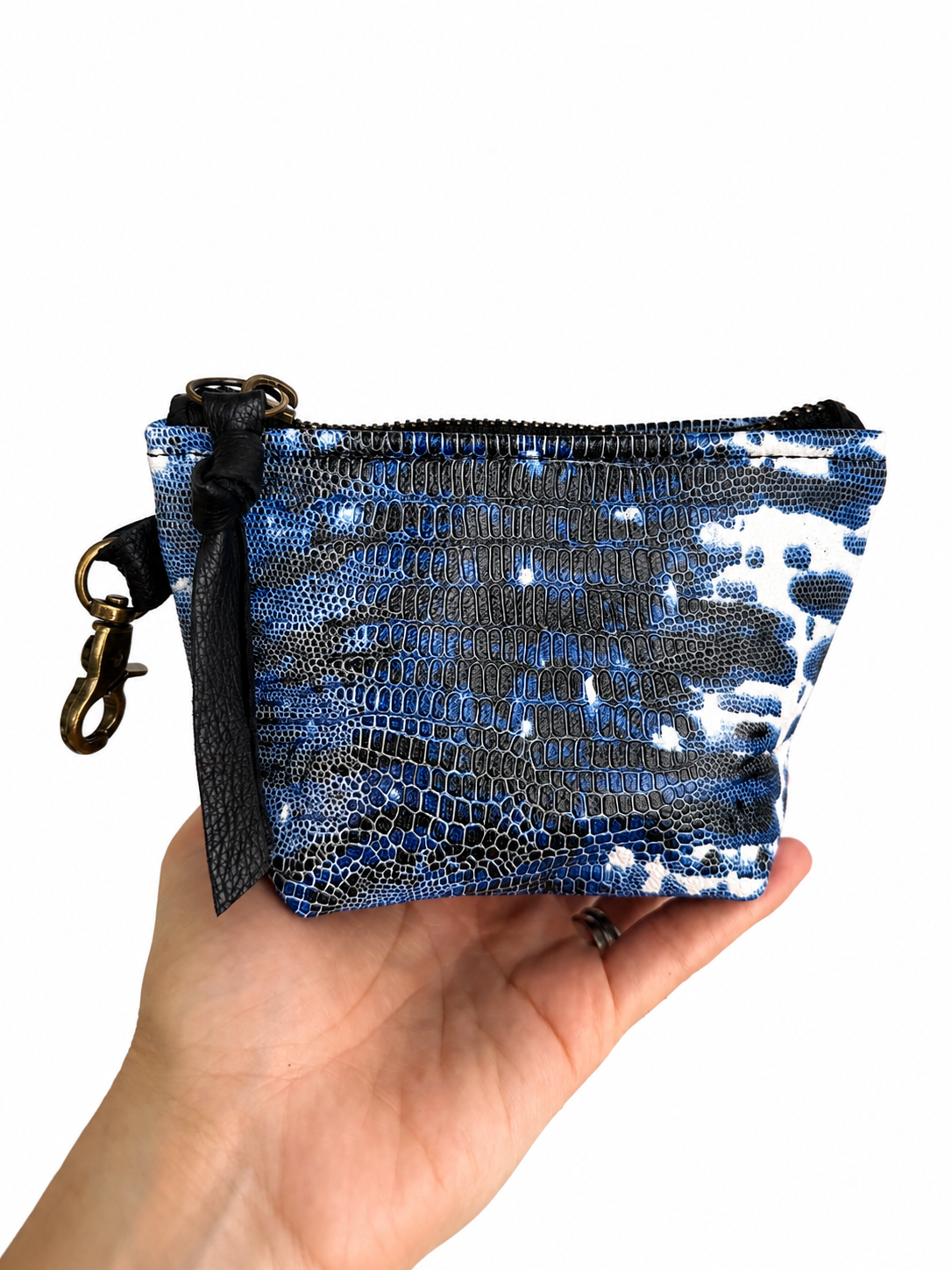 Mini Blue and White Lizard Print Leather Pouch