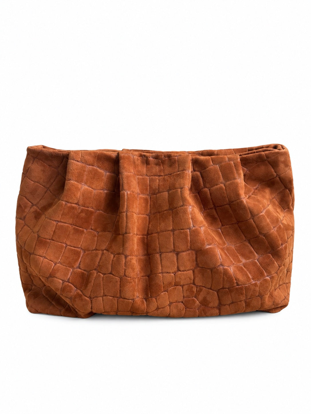 Cognac Croc Embossed Suede Gathered Clutch